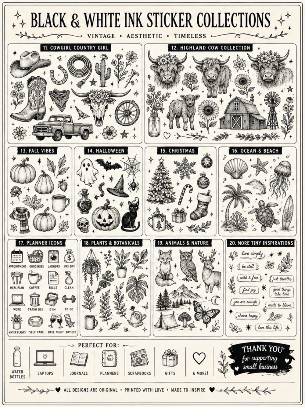 Black & White Sticker Collection Sheet - Vintage Home Design